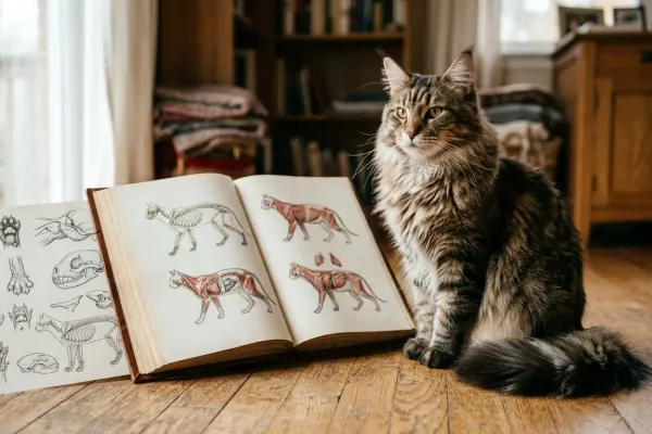 Maine Coon mix cat with tufted ears and a plumed tail beside a feline genetics guide on a wooden floor