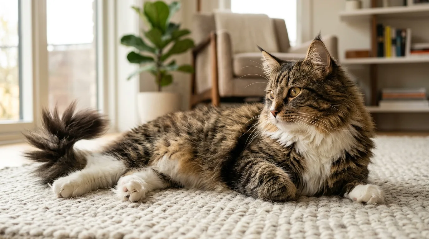 Domestic longhair cat displaying inherited Maine Coon mix physical traits relaxing indoors