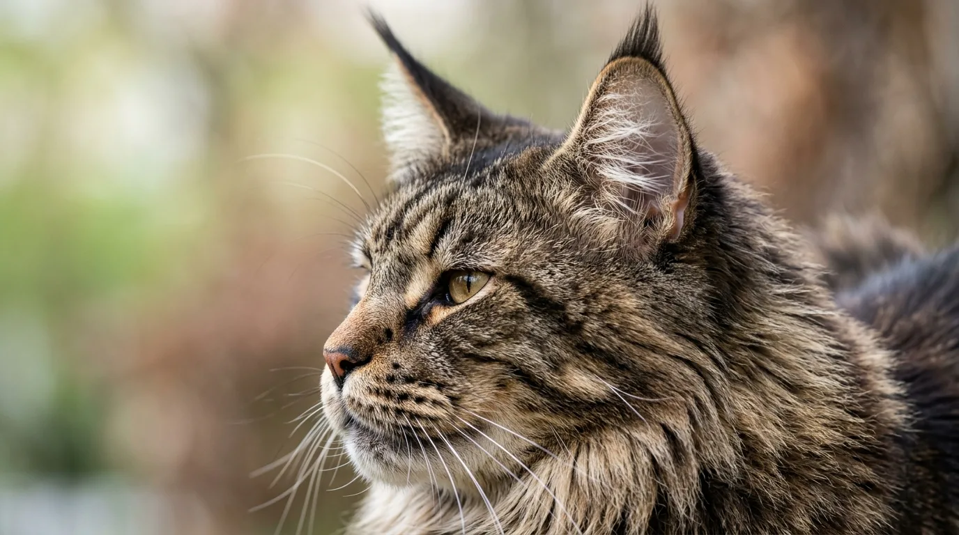 Close-up of a Maine Coon mix showing prominent ear tufts, furnishings, and a square muzzle