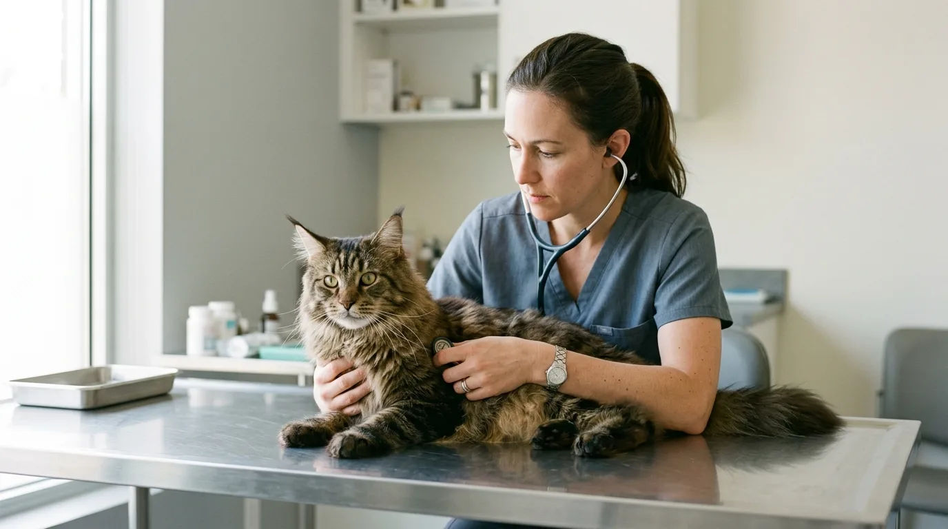 Veterinarian examining a large Maine Coon mix cat during a routine wellness and heart checkup