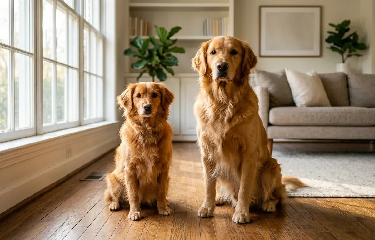 Side-by-side comparison of an adult mini Golden Retriever and a full-size standard Golden Retriever in a living room.