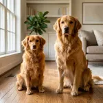 Side-by-side comparison of an adult mini Golden Retriever and a full-size standard Golden Retriever in a living room.