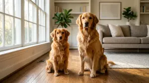Side-by-side comparison of an adult mini Golden Retriever and a full-size standard Golden Retriever in a living room.