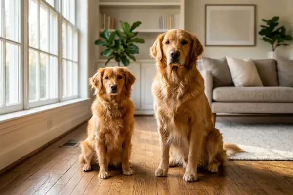 Side-by-side comparison of an adult mini Golden Retriever and a full-size standard Golden Retriever in a living room.