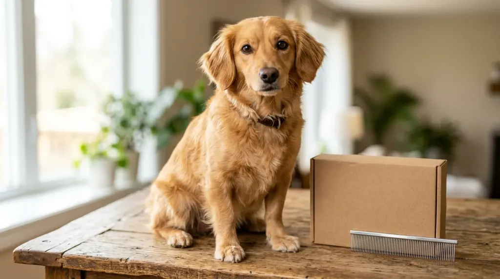Mini Golden Retriever sitting beside a canine DNA testing kit and grooming comb.