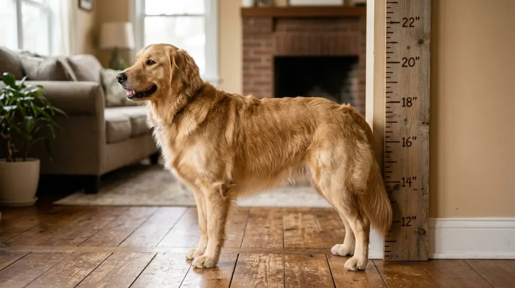 Adult mini Golden Retriever standing beside a height growth chart ruler in a home setting.