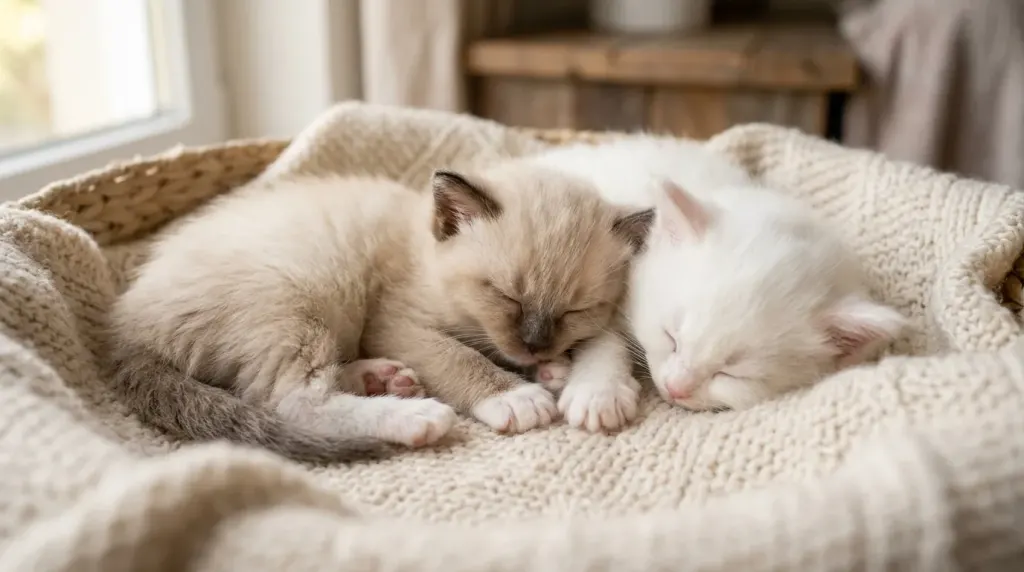 Close-up comparison of a newborn mink Ragdoll kitten with visible body color next to a white traditional kitten.