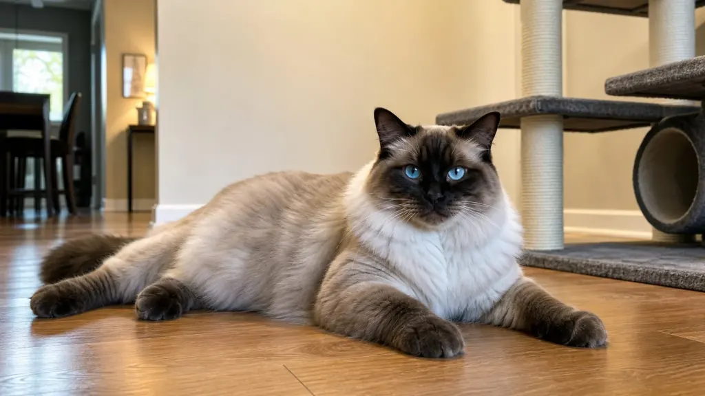 Full-body view of an adult male seal mink Ragdoll cat showcasing its large size, plush coat, and aqua eyes.