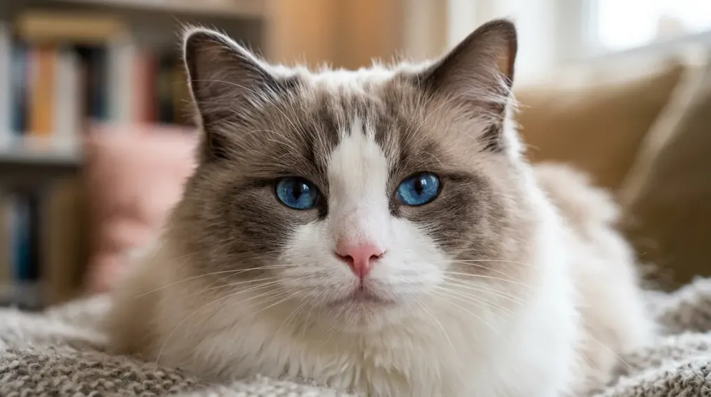 Detailed close-up of a bicolor Ragdoll cat breed characteristic showing its blue eyes and facial markings.