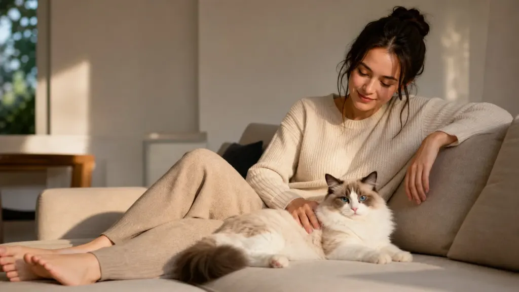 A relaxed Ragdoll cat breed personality lounging calmly on a couch in a home setting.