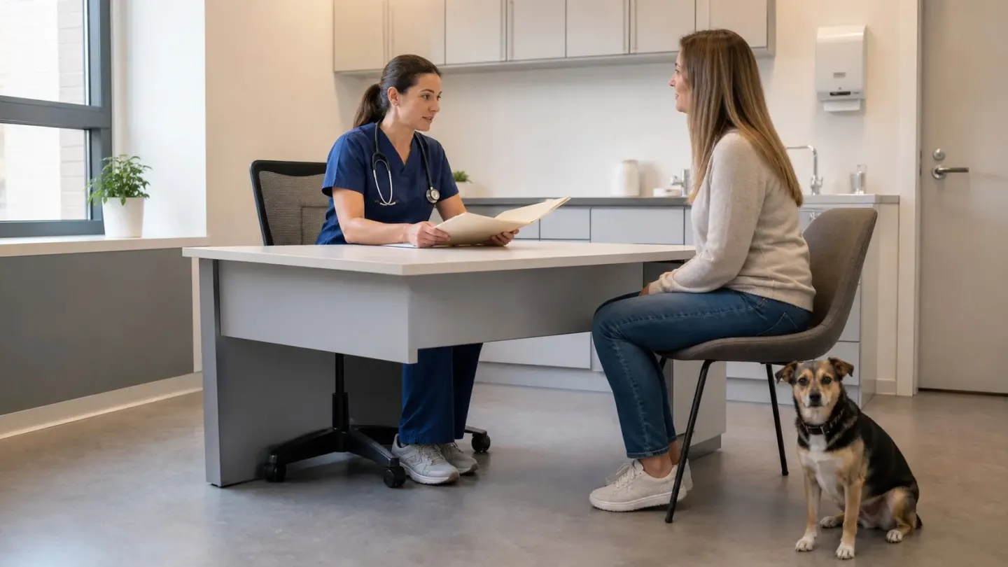 Veterinarian explaining a spinal diagnostic result for canine IVDD to a dog owner
