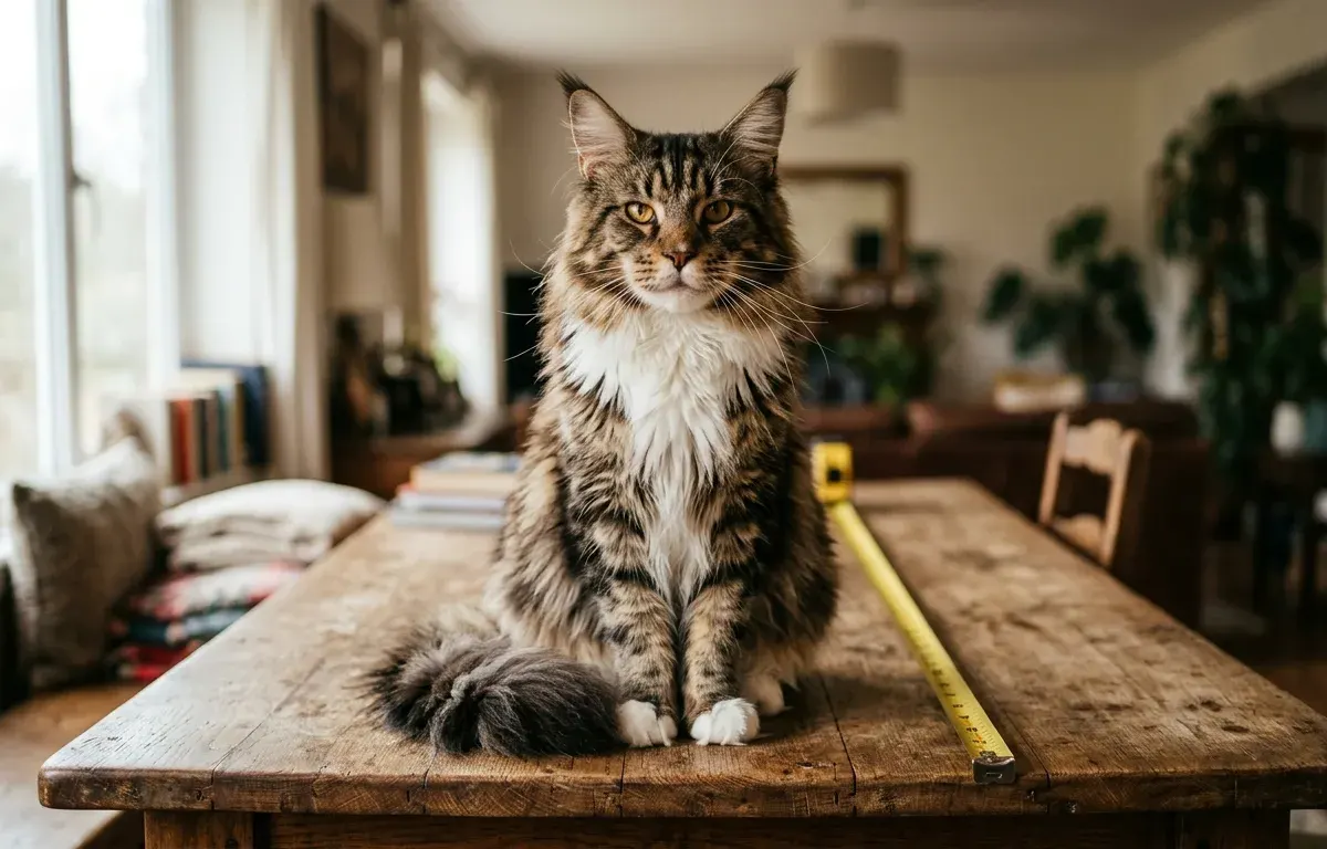 The biggest Maine Coon cat resting beside a measuring tape highlighting exceptional feline length and size.