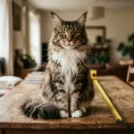 The biggest Maine Coon cat resting beside a measuring tape highlighting exceptional feline length and size.
