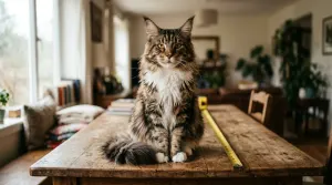 The biggest Maine Coon cat resting beside a measuring tape highlighting exceptional feline length and size.