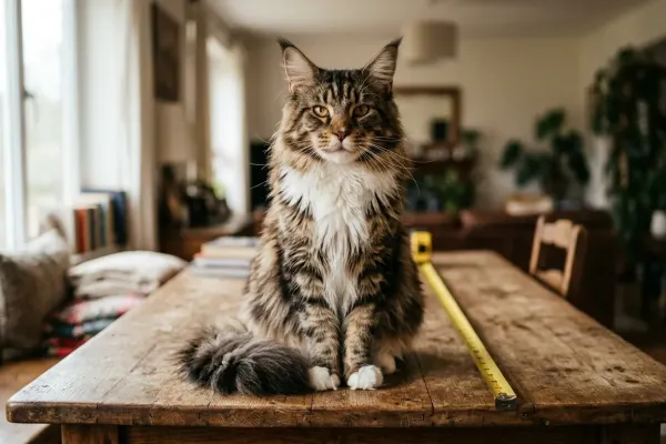The biggest Maine Coon cat resting beside a measuring tape highlighting exceptional feline length and size.