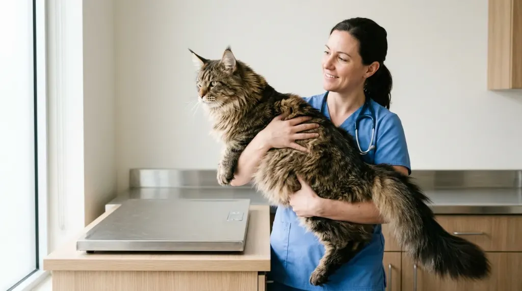 A large male Maine Coon cat displayed during a health and weight assessment.