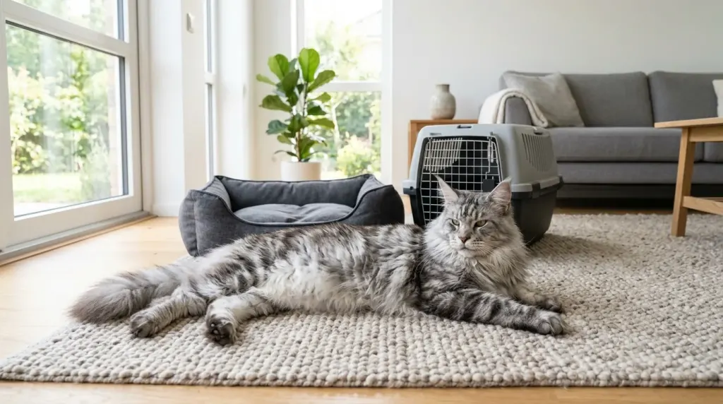 Size comparison of a giant Maine Coon cat next to everyday feline accessories and gear.