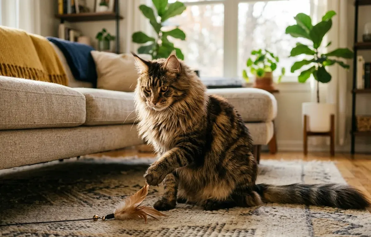 Large brown tabby Maine Coon cat showing its playful personality in a sunlit living room