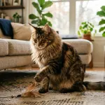 Large brown tabby Maine Coon cat showing its playful personality in a sunlit living room