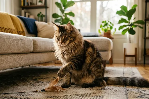 Large brown tabby Maine Coon cat showing its playful personality in a sunlit living room