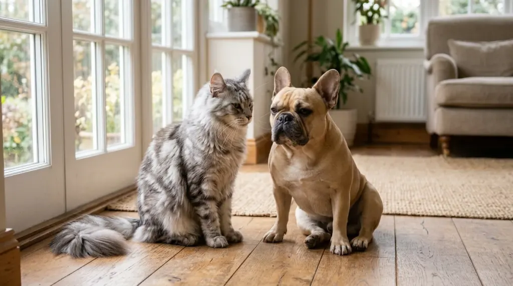 Silver tabby Maine Coon cat demonstrating its friendly temperament alongside a companion dog