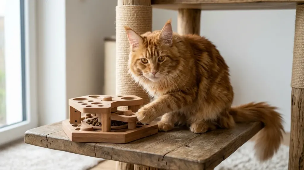 Curious red tabby Maine Coon cat engaging with an interactive enrichment toy on a cat tree