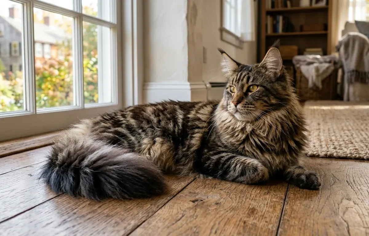 A large brown tabby Maine Coon cat resting on a wooden floor in a sunlit room, displaying tufted ears and a bushy tail.
