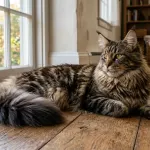 A large brown tabby Maine Coon cat resting on a wooden floor in a sunlit room, displaying tufted ears and a bushy tail.