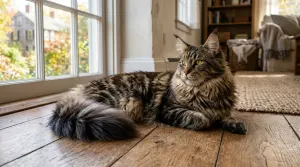 A large brown tabby Maine Coon cat resting on a wooden floor in a sunlit room, displaying tufted ears and a bushy tail.