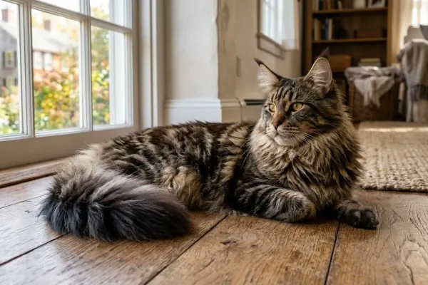 A large brown tabby Maine Coon cat resting on a wooden floor in a sunlit room, displaying tufted ears and a bushy tail.