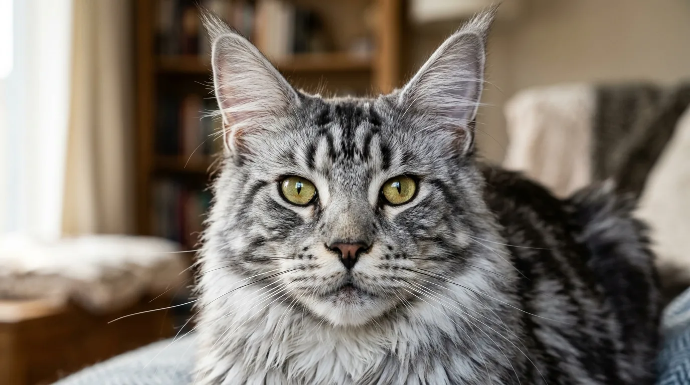 Close-up portrait of a Maine Coon cat highlighting its lynx-like ear tufts, square muzzle, and dense fur ruff.