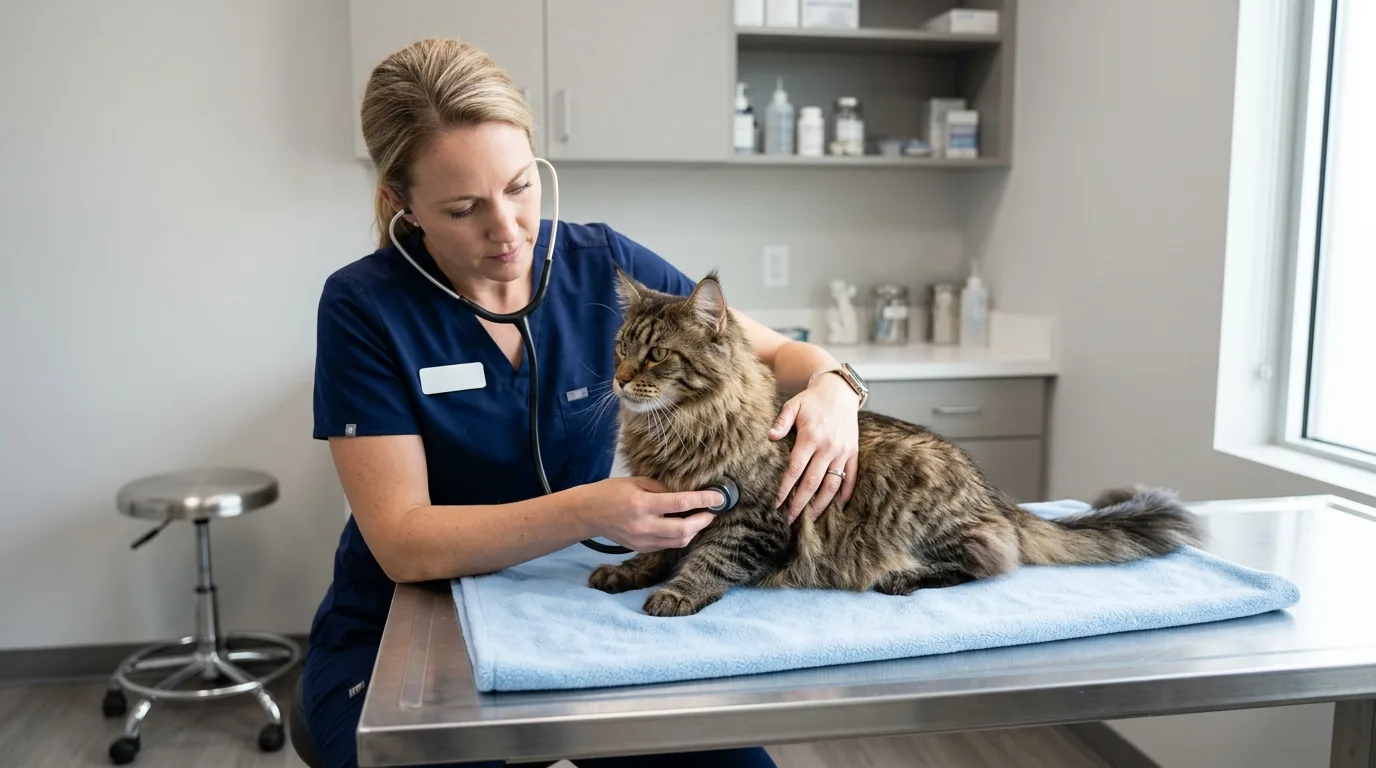 A veterinarian examining a healthy adult Maine Coon cat on a clinic table during a routine wellness check.