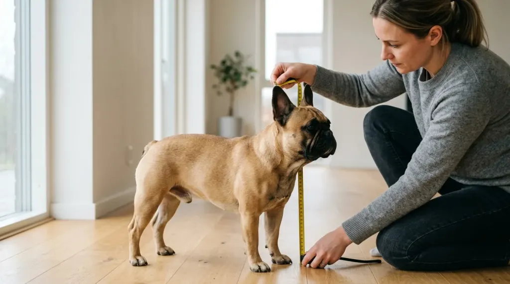 Measuring a standing French Bulldog from floor to ears to determine correct crate height.