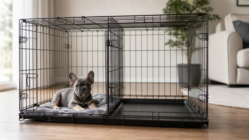 French Bulldog puppy inside a wire crate fitted with an adjustable divider panel.