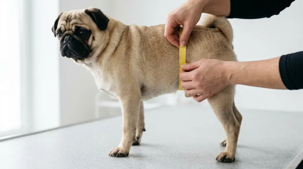 Close-up of measuring a Pug's waist girth in front of the hind legs with a flexible measuring tape