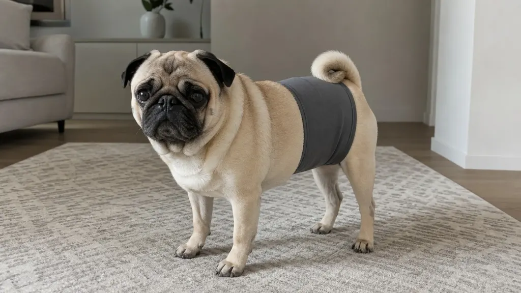 Adult Pug wearing a grey male belly band wrap standing on a living room rug