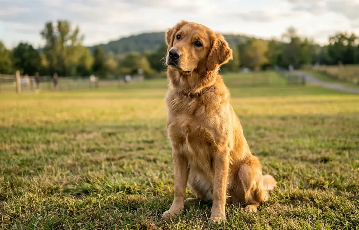 Alert Golden Retriever tilting head and listening attentively outdoors