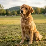 Alert Golden Retriever tilting head and listening attentively outdoors