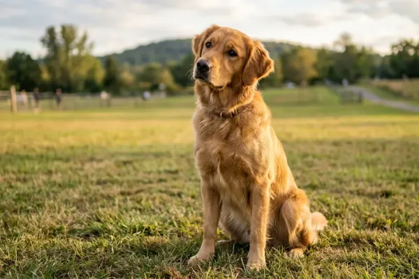Alert Golden Retriever tilting head and listening attentively outdoors