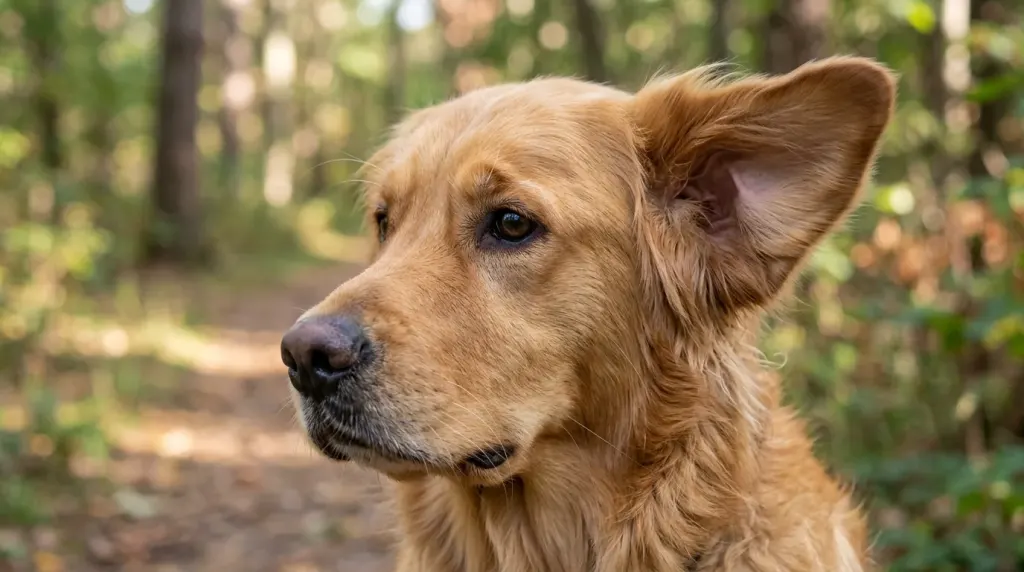 Close-up of Golden Retriever ears and head showing auditory focus
