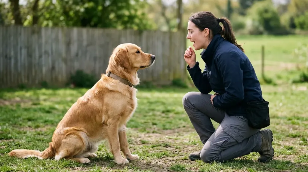 Golden Retriever maintaining focused eye contact while listening to human voice commands