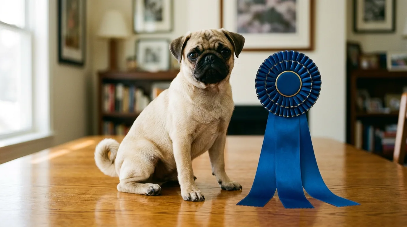 Fawn Pug sitting next to a dog show ribbon representing the AKC Toy Group category