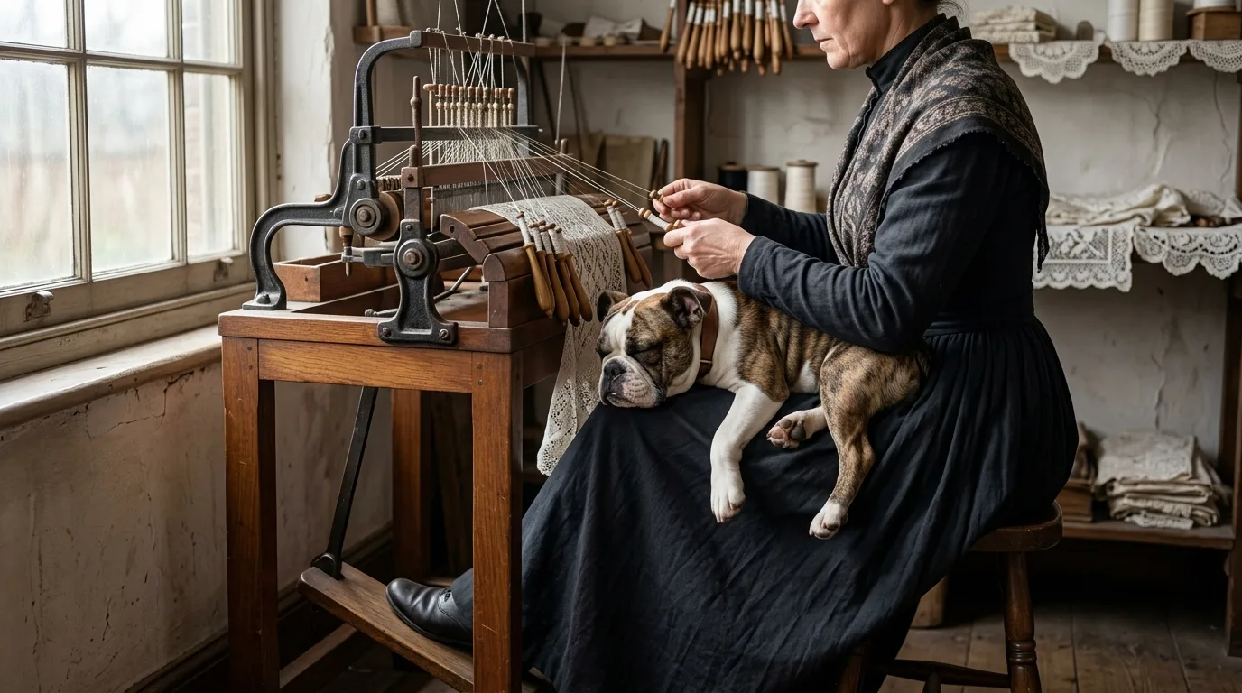 A Toy Bulldog resting on a lace worker's lap showing how the breed was originally bred to provide warmth and companionship.