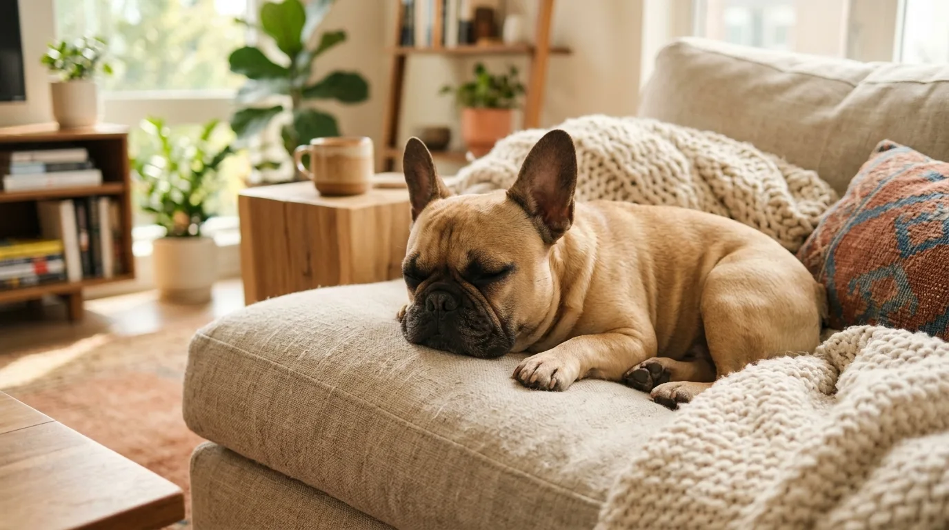 A modern French Bulldog relaxing in an apartment living room demonstrating its ongoing role as a house companion.