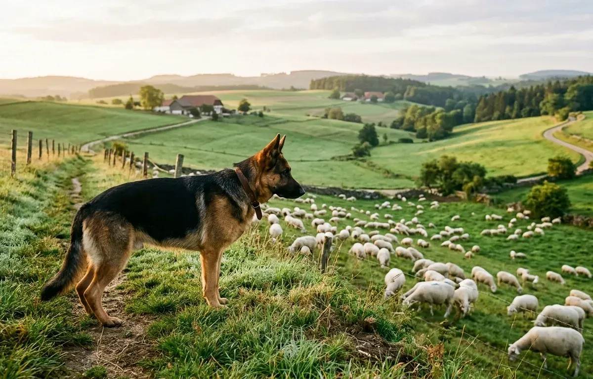 German Shepherd Dog standing on a pastoral pasture boundary illustrating what the breed was originally bred for