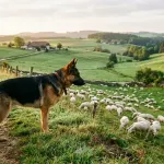 German Shepherd Dog standing on a pastoral pasture boundary illustrating what the breed was originally bred for