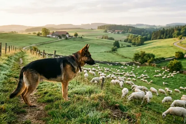 German Shepherd Dog standing on a pastoral pasture boundary illustrating what the breed was originally bred for