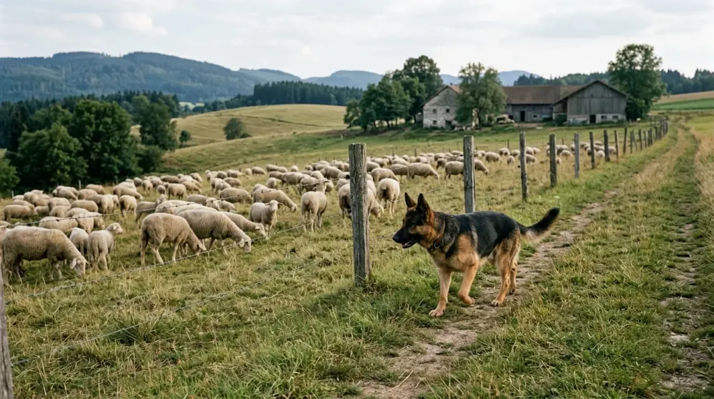Working German Shepherd patrolling an unfenced pasture boundary to tend livestock