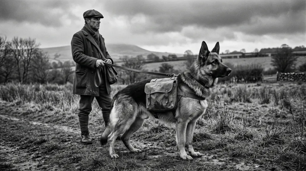 Historical German Shepherd working dog equipped with messenger gear illustrating early 20th century military utility