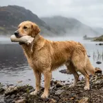 A Golden Retriever retrieving a training dummy from a Scottish loch, demonstrating what were golden retrievers bred for as gundogs.